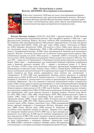 2004— Русский Букер за роман
Василия АКСЁНОВА «Вольтерьянцы и вольтерьянки»
В 60-е годы "галантного" XVIII века на глазах у всей просвещенной Европы
весьма заинтересовались друг другом две выдающиеся личности - Вольтер и
Екатерина Великая. В романе Василия Аксенова оживают старинные карти-
ны и сходят с них благородные герои, кипят страсти, нам непривычные, завя-
зывается нешуточная драма нестареющих вольтеровских идей...
Василий Павлович Аксёнов ( 20.08.1932—06.07.2009) — русский писатель. В 1956 Аксёнов
окончил Ленинградский медицинский институт. Tри года работал врачом. С 1960 года — про-
фессиональный литератор. Повесть «Коллеги» (написан 1959; одноимённая пьеса совместно с
Ю. Стабовым, 1961; одноимённый фильм, 1963), романы «Звёздный билет» (по нему снят фильм
«Мой младший брат»)(1961), «Пора, мой друг, пора» (1962), повесть «Апельсины из Марок-
ко» (1963), сборники «Катапульта» (1964), «На полпути к Луне» (1966), пьеса «Всегда в прода-
же» (постановка театра «Современник», 1965); в 1968 опубликована сатирико-фантастическая
повесть «Затоваренная бочкотара». В 1960-х годах произведения В. Аксёнова часто печатаются в
журнале «Юность». В течение нескольких лет он является членом редколлегии журнала. При-
ключенческая дилогия для детей: «Мой дедушка — памятник» (1970) и «Сундучок, в котором
что-то стучит» (1972). Экспериментальный роман «Поиски жанра» был написан в 1972 году. Так-
же в 1972 — совместно с О. Горчаковым и Г. Поженяном написал роман-пародию на шпионский
боевик «Джин Грин — неприкасаемый» под псевдонимом Гривадий Горпожакс (комбинация
имён и фамилий реальных авторов). 1976 — перевёл с английского роман Э. Л. Докто-
роу «Рэгтайм». В 1970-х годах после окончания «оттепели» произведения Аксёнова перестают
публиковаться в Советском Союзе. Романы «Ожог» (1975) и «Остров Крым» (1979) были запре-
щены к публикации советской цензурой. В это время критика в адрес В. Аксёнова и его произве-
дений становится все более резкой: применяются такие эпитеты, как «несоветский» и
«ненародный». В 1977—1978 годы произведения Аксенова начали появляться за рубежом
(прежде всего в США). В 1979 году В. Аксёнов совместно с А. Битовым, Вик. Ерофеевым, Ф. Ис-
кандером, Е. Поповым, Б. Ахмадулиной стал одним из организаторов и авторов бесцензурного
альманаха «Метрополь». Так и не изданный в советской подцензурной печати, альманах был
издан в США. В знак протеста против последовавшего за этим исключения Попова и Ерофеева
из Союза писателей СССР в декабре 1979 года В. Аксёнов (а также Инна Лиснянская и Семён
Липкин) заявили о своем выходе из СП. С 1981 года В. Аксёнов — профессор русской литерату-
ры в различных университетах США. В США вышли написанные Аксёновым в России, но впер-
вые публикуемые лишь после приезда писателя в Америку романы «Золотая наша Желез-
ка» (1973, 1980), «Ожог» (1976, 1980), «Остров Крым» (1979, 1981), сборник рассказов «Право на
остров» (1981). Также в США В. Аксеновым были написаны и изданы новые романы:
«Бумажный пейзаж» (1982), «Скажи изюм» (1985), «В поисках грустного бэби» (1986), трилогия
«Московская сага» (1989, 1991, 1993), сборник рассказов «Негатив положи-
тельного героя» (1995), «Новый сладостный стиль» (1996) (посвященный
жизни советской эмиграции в Соединенных Штатах), «Кесарево свече-
ние» (2000). Роман «Желток яйца» (1989) написан В. Аксёновым по-
английски, затем переведён автором на русский. Впервые после девяти
лет эмиграции Аксёнов посетил СССР в 1989 году по приглашению аме-
риканского посла Мэтлока. В 1990 году В. Аксёнову возвращается совет-
ское гражданство. В 1980—1991 годы В. Аксёнов в качестве журналиста ак-
тивно сотрудничал с радиостанцией «Свобода». Аксёновские радиоочер-
ки были опубликованы в авторском сборнике «Десятилетие клеве-
ты» (2004). В 2004 г. публикует в журнале «Октябрь» роман «Вольтерьянцы
и вольтерьянки», за который удостаивается Букеровской премии России.
 