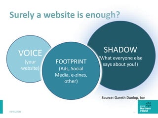 Surely a website is enough?
03/03/2015 13
SHADOW
(What everyone else
says about you!)
VOICE
(your
website)
FOOTPRINT
(Ads, Social
Media, e-zines,
other)
Source: Gareth Dunlop, Ion
 