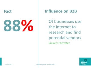 03/03/2015 Digital Marketing - Is it any good? 18
Influence on B2B
Of businesses use
the Internet to
research and find
potential vendors
Source: Forrester
Fact
88%
 