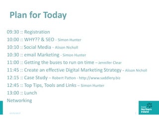 Plan for Today
09:30 :: Registration
10:00 :: WHY?? & SEO - Simon Hunter
10:10 :: Social Media - Alison Nicholl
10:30 :: email Marketing - Simon Hunter
11:00 :: Getting the buses to run on time – Jennifer Clear
11:45 :: Create an effective Digital Marketing Strategy - Alison Nicholl
12:15 :: Case Study – Robert Patton - http://www.saddlery.biz
12:45 :: Top Tips, Tools and Links – Simon Hunter
13:00 :: Lunch
Networking
03/03/2015 5
 