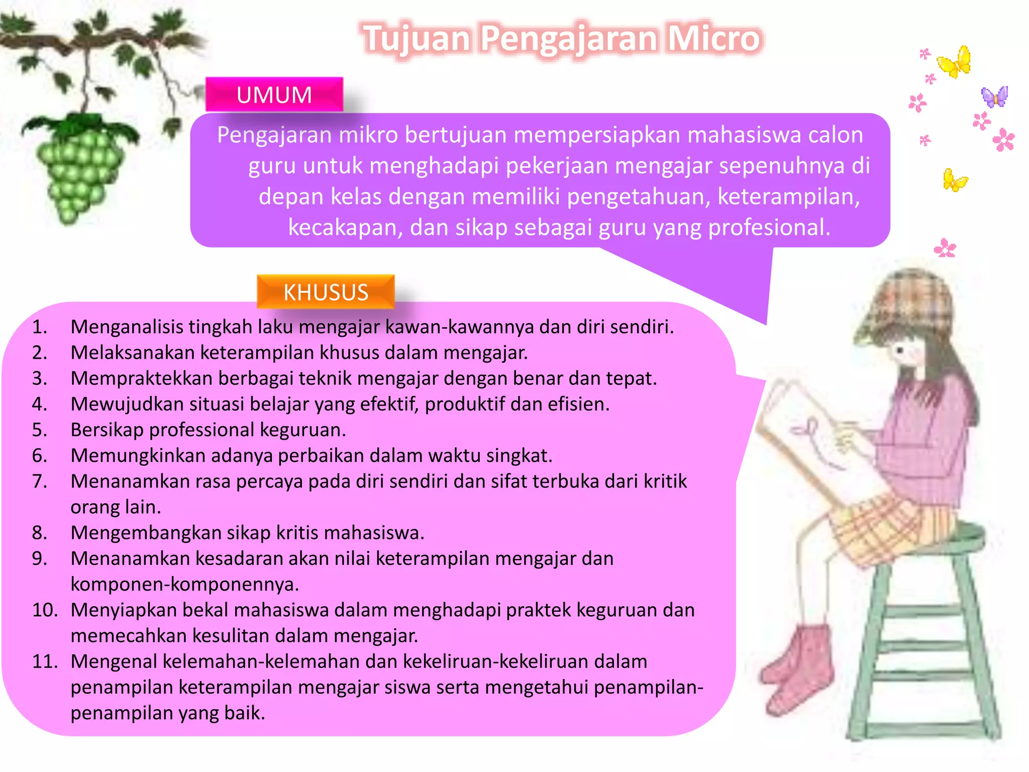 1. Menganalisis tingkah laku mengajar kawan-kawannya dan diri sendiri.
2. Melaksanakan keterampilan khusus dalam mengajar.
3. Mempraktekkan berbagai teknik mengajar dengan benar dan tepat.
4. Mewujudkan situasi belajar yang efektif, produktif dan efisien.
5. Bersikap professional keguruan.
6. Memungkinkan adanya perbaikan dalam waktu singkat.
7. Menanamkan rasa percaya pada diri sendiri dan sifat terbuka dari kritik
orang lain.
8. Mengembangkan sikap kritis mahasiswa.
9. Menanamkan kesadaran akan nilai keterampilan mengajar dan
komponen-komponennya.
10. Menyiapkan bekal mahasiswa dalam menghadapi praktek keguruan dan
memecahkan kesulitan dalam mengajar.
11. Mengenal kelemahan-kelemahan dan kekeliruan-kekeliruan dalam
penampilan keterampilan mengajar siswa serta mengetahui penampilan-
penampilan yang baik.
Pengajaran mikro bertujuan mempersiapkan mahasiswa calon
guru untuk menghadapi pekerjaan mengajar sepenuhnya di
depan kelas dengan memiliki pengetahuan, keterampilan,
kecakapan, dan sikap sebagai guru yang profesional.
UMUM
KHUSUS
Tujuan Pengajaran Micro
 