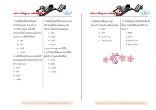 เอกสารประกอบการเรียนรู้ รายวิชาการตัดต่อวิดีโอด้วยโปรแกรมคอมพิวเตอร์ เอกสารประกอบการเรียนรู้ รายวิชาการตัดต่อวิดีโอด้วยโปรแกรมคอมพิวเตอร์
5. ไฟล์วิดีโอชนิดใด ที่เป็นไฟล์
สําหรับโปรแกรม QuickTime
จากบริษัท Apple เครื่องพีซี
ก็สามารถใช้ได้ โดยจะต้องมีโปแกรม
QuickTime เพื่อใช้เปิดไฟล์
ก. AVI
ข. DAT
ค. VOB
ง. MOV
6. ไฟล์วิดีโอใดเป็นรูปแบบของไฟล์ที่
มีความละเอียดต่ําเหมาะสําหรับนําไป
สร้าง Video CD
ก. DAT
ข. AVI
ค. MOV
ง. WMV
7. ข้อใดเป็นไฟล์วิดีโอของไมโครซอฟ
มีขนาดไฟล์ที่เล็กและมีคุณภาพดี
ได้รับความนิยมทางอินเตอร์เน็ต
ก. AVI
ข. VOB
ค. DAT
ง. WMV
8. รูปแบบมาตรฐานของวิดีโอ
การเก็บข้อมูลที่ให้คุณภาพของวิดีโอ
สูงทั้งด้านภาพและเสียงดีที่สุด
ก. VCD
ข. DVD
ค. SVCD
ง. SDVD
9. ไฟล์เสียงใดที่มีคุณภาพสูง
เหมาะกับการตัดต่อ แต่มีขนาดใหญ่
ก. WAV
ข. AIFF
ค. QuickTime
ง. Real Audio
10. ในปัจจุบันเรานิยมใช้ไฟล์เสียงใด
ที่คุณภาพเสียงที่ดีในขณะที่มีขนาด
น้อยมาก
ก. MP3
ข. AIFF
ค. QuickTime
ง. Real Audio
21 22
 