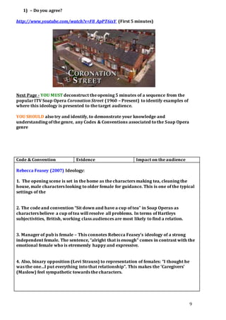 9
1) – Do you agree?
http://www.youtube.com/watch?v=F8_ApPT6isY (First 5 minutes)
Next Page - YOU MUST deconstruct the opening 5 minutes of a sequence from the
popular ITV Soap Opera Coronation Street (1960 – Present) to identify examples of
where this ideology is presented to the target audience.
YOU SHOULD also try and identify, to demonstrate your knowledge and
understanding of the genre, any Codes & Conventions associated to the Soap Opera
genre
Code & Convention Evidence Impact on the audience
Rebecca Feasey (2007) Ideology:
1. The opening scene is set in the home as the characters making tea, cleaning the
house, male characters looking to older female for guidance. This is one of the typical
settings of the
2. The code and convention “Sit down and have a cup of tea” in Soap Operas as
characters believe a cup of tea will resolve all problems. In terms of Hartleys
subjectivities, British, working class audiences are most likely to find a relation.
3. Manager of pub is female – This connotes Rebecca Feasey’s ideology of a strong
independent female. The sentence, “alright that is enough” comes in contrast with the
emotional female who is etrememly happy and expressive.
4. Also, binary opposition (Levi Strauss) to representation of females: “I thought he
was the one…I put everything into that relationship”. This makes the ‘Caregivers’
(Maslow) feel sympathetic towards the characters.
 