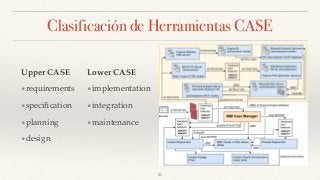 Clasificación de Herramientas CASE
Upper CASE
•requirements
•speciﬁcation
•planning
•design
Lower CASE
•implementation
•integration
•maintenance
31
 
