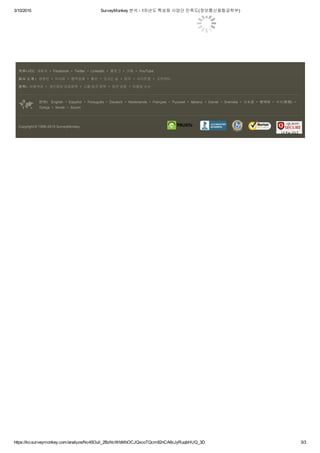 3/10/2015 SurveyMonkey 분석 ­ 1차년도 특성화 사업단 만족도(정보통신융합공학부)
https://ko.surveymonkey.com/analyze/Nc45Ouil_2BzNcWbMbOCJQxcoTQcm82nCA6cJyRuqbHUQ_3D 3/3
             
               
         
° 
                         
   
Copyright © 1999­2015 SurveyMonkey
       
커뮤니티: 개발자 • Facebook • Twitter • LinkedIn • 블로그 • 카페 • YouTube
회사 소개 : 경영진 • 이사회 • 협력업체 • 홍보 • 오시는 길 • 업무 • 사이트맵 • 고객센터
정책: 이용약관 • 개인정보 보호정책 • 스팸 방지 정책 • 보안 성명 • 이메일 수신
언어: English • Español • Português • Deutsch • Nederlands • Français • Русский • Italiano • Dansk • Svenska • 日本語 • 한국어 • 中文(繁體) •
Türkçe • Norsk • Suomi
 