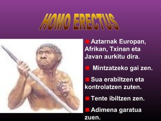 Aztarnak Europan,
Afrikan, Txinan eta
Javan aurkitu dira.
Mintzatzeko gai zen.
Sua erabiltzen eta
kontrolatzen zuten.
Tente ibiltzen zen.
Adimena garatua
zuen.
 