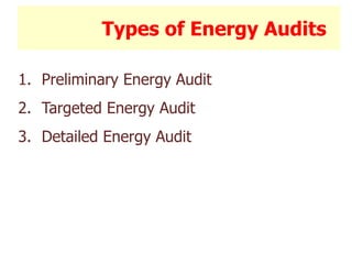 Types of Energy Audits
1. Preliminary Energy Audit
2. Targeted Energy Audit
3. Detailed Energy Audit
 