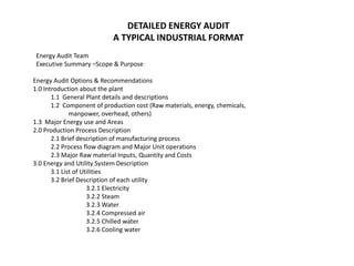 DETAILED ENERGY AUDIT
A TYPICAL INDUSTRIAL FORMAT
Energy Audit Team
Executive Summary –Scope & Purpose
Energy Audit Options & Recommendations
1.0 Introduction about the plant
1.1 General Plant details and descriptions
1.2 Component of production cost (Raw materials, energy, chemicals,
manpower, overhead, others)
1.3 Major Energy use and Areas
2.0 Production Process Description
2.1 Brief description of manufacturing process
2.2 Process flow diagram and Major Unit operations
2.3 Major Raw material Inputs, Quantity and Costs
3.0 Energy and Utility System Description
3.1 List of Utilities
3.2 Brief Description of each utility
3.2.1 Electricity
3.2.2 Steam
3.2.3 Water
3.2.4 Compressed air
3.2.5 Chilled water
3.2.6 Cooling water
 