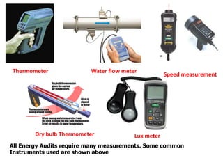 All Energy Audits require many measurements. Some common
Instruments used are shown above
Thermometer Water flow meter
Speed measurement
Lux meterDry bulb Thermometer
 