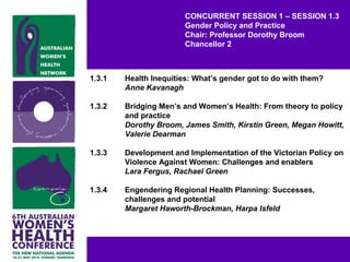 CONCURRENT SESSION 1 – SESSION 1.3
Gender Policy and Practice
Chair: Professor Dorothy Broom
Chancellor 2
1.3.1 Health Inequities: What’s gender got to do with them?
Anne Kavanagh
1.3.2 Bridging Men’s and Women’s Health: From theory to policy
and practice
Dorothy Broom, James Smith, Kirstin Green, Megan Howitt,
Valerie Dearman
1.3.3 Development and Implementation of the Victorian Policy on
Violence Against Women: Challenges and enablers
Lara Fergus, Rachael Green
1.3.4 Engendering Regional Health Planning: Successes,
challenges and potential
Margaret Haworth-Brockman, Harpa Isfeld
 