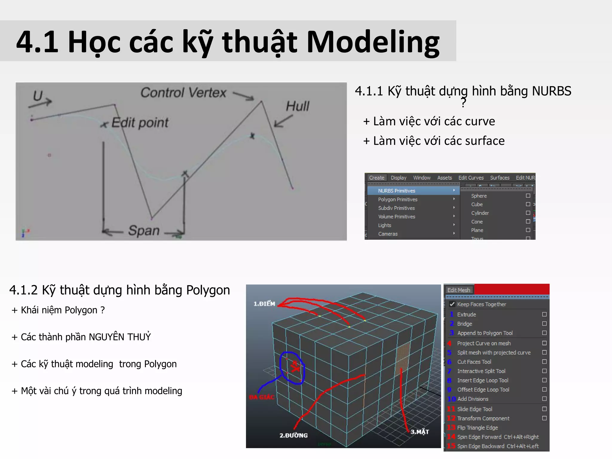 4.1 Học các kỹ thuật Modeling
4.1.2 Kỹ thuật dựng hình bằng Polygon
4.1.1 Kỹ thuật dựng hình bằng NURBS
?
+ Làm việc với các curve
+ Làm việc với các surface
+ Khái niệm Polygon ?
+ Các thành phần NGUYÊN THUỶ
+ Các kỹ thuật modeling trong Polygon
+ Một vài chú ý trong quá trình modeling
 