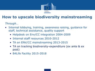 Through…
• Internal lobbying, training, awareness raising, guidance for
staff, technical assistance, quality support
• Helpdesk on Env/CC integration 2004-2009
• Internal staff resources 2010-2012
• TA on ENV/CC mainstreaming 2013-2015
• TA on tracking biodiversity-expenditure (ex ante & ex
post)
• B4Life Facility 2015-2018
How to upscale biodiversity mainstreaming
 