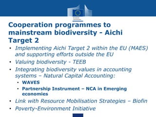 Cooperation programmes to
mainstream biodiversity - Aichi
Target 2
• Implementing Aichi Target 2 within the EU (MAES)
and supporting efforts outside the EU
• Valuing biodiversity - TEEB
• Integrating biodiversity values in accounting
systems – Natural Capital Accounting:
• WAVES
• Partnership Instrument – NCA in Emerging
economies
• Link with Resource Mobilisation Strategies – Biofin
• Poverty-Environment Initiative
 