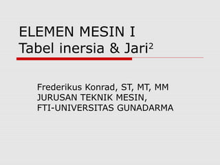 ELEMEN MESIN I
Tabel inersia & Jari2
Frederikus Konrad, ST, MT, MM
JURUSAN TEKNIK MESIN,
FTI-UNIVERSITAS GUNADARMA
 
