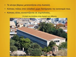 ● Το κέντρο βάρους μετατοπίζεται στην Ανατολή.
● Κάποιες πόλεις στον ελλαδικό χώρο διατήρησαν την αυτονομία τους.
● Κάποιες άλλες συνασπίζονται σε συμπολιτείες.
Η στοά του Αττάλου στην Αγορά των Αθηνών
 