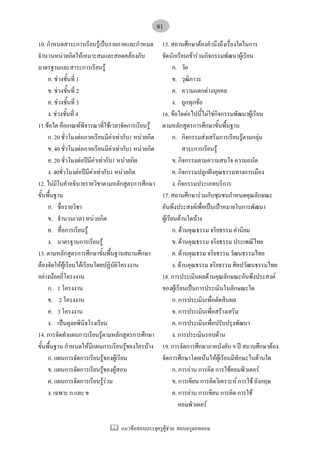 แนวขอสอบบรรจุครูผูชวย: สอบครูดอทคอม
81
10. กําหนดสาระการเรียนรูเปนรายภาคและกําหนด
จํานวนหนวยกิตใหเหมาะสมและสอดคลองกับ
มาตรฐานและสาระการเรียนรู
ก. ชวงชั้นที่ 1
ข. ชวงชั้นที่ 2
ค. ชวงชั้นที่ 3
ง. ชวงชั้นที่ 4
11.ขอใด คือเกณฑพิจารณาที่ใชเวลาจัดการเรียนรู
ก. 20 ชั่วโมงตอภาคเรียนมีคาเทากับ1 หนวยกิต
ข. 40 ชั่วโมงตอภาคเรียนมีคาเทากับ1 หนวยกิต
ค. 20 ชั่วโมงตอปมีคาเทากับ1 หนวยกิต
ง. 40ชั่วโมงตอปมีคาเทากับ1 หนวยกิต
12. ไมมีในคําอธิบายรายวิชาตามหลักสูตรการศึกษา
ขั้นพื้นฐาน
ก. ชื่อรายวิชา
ข. จํานวนเวลา หนวยกิต
ค. สื่อการเรียนรู
ง. มาตรฐานการเรียนรู
13. ตามหลักสูตรการศึกษาขั้นพื้นฐานสถานศึกษา
ตองจัดใหผูเรียนไดเรียนโดยปฏิบัติโครงงาน
อยางนอยกี่โครงงาน
ก. 1 โครงงาน
ข. 2 โครงงาน
ค. 3 โครงงาน
ง. เปนดุลยพินิจโรงเรียน
14. การจัดทําแผนการเรียนรูตามหลักสูตรการศึกษา
ขั้นพื้นฐาน กําหนดใหมีแผนการเรียนรูของใครบาง
ก. แผนการจัดการเรียนรูของผูเรียน
ข. แผนการจัดการเรียนรูของผูสอน
ค. แผนการจัดการเรียนรูรวม
ง. เฉพาะ ก และ ข
15. สถานศึกษาตองคํานึงถึงเรื่องใดในการ
จัดนักเรียนเขารวมกิจกรรมพัฒนาผูเรียน
ก. วัย
ข. วุฒิภาวะ
ค. ความแตกตางบุคคล
ง. ถูกทุกขอ
16. ขอใดตอไปนี้ไมใชกิจกรรมพัฒนาผูเรียน
ตามหลักสูตรการศึกษาขั้นพื้นฐาน
ก. กิจกรรมสงเสริมการเรียนรูตามกลุม
สาระการเรียนรู
ข. กิจกรรมตามความสนใจ ความถนัด
ค. กิจกรรมปลูกฝงคุณธรรมทางการเมือง
ง. กิจกรรมประเภทบริการ
17. สถานศึกษารวมกับชุมชนกําหนดคุณลักษณะ
อันพึงประสงคเพื่อเปนเปาหมายในการพัฒนา
ผูเรียนดานใดบาง
ก. ดานคุณธรรม จริยธรรม คานิยม
ข. ดานคุณธรรม จริยธรรม ประเพณีไทย
ค. ดานคุณธรม จริยธรรม วัฒนธรรมไทย
ง. ดานคุณธรรม จริยธรรม ศิลปวัฒนธรรมไทย
18. การประเมินผลดานคุณลักษณะอันพึงประสงค
ของผูเรียนเปนการประเมินในลักษณะใด
ก. การประเมินเพื่อตัดสินผล
ข. การประเมินเพื่อสรางเสริม
ค. การประเมินเพื่อปรับปรุงพัฒนา
ง. การประเมินรอบดาน
19. การจัดการศึกษาภาคบังคับ 9 ป สถานศึกษาตอง
จัดการศึกษาโดยเนนใหผูเรียนมีทักษะในดานใด
ก. การอาน การคิด การใชคอมพิวเตอร
ข. การเขียน การคิดวิเคราะห การใช อังกฤษ
ค. การอาน การเขียน การคิด การใช
คอมพิวเตอร
 