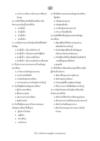 แนวขอสอบบรรจุครูผูชวย: สอบครูดอทคอม
82
ง. การอาน การเขียน การคิด และการใชภาษา
อังกฤษ
20. การฝกใหเขียนหนังสือเปนเลมเปนการจัด
กิจกรรมการเรียนรูในชวงชั้นใด
ก. ชวงชั้นที่1
ข. ชวงชั้นที่ 2
ค. ชวงชั้นที่ 3
ง. ชวงชั้นที่ 4
21. การจัดกิจกรรมการเรียนรูตามขอใดที่สัมพันธ
กันที่สุด
ก. ชวงชั้นที่1 / เนนการคิดวิเคราะห
ข. ชวงชั้นที่ 2 / เนนตามความสนใจผูเรียน
ค. ชวงชั้นที่ 3 / เนนความเปนอิสระ
ง. ชวงชั้นที่ 4 / เนนความพรอมในการศึกษาตอ
22. เปนกระบวนการแรกของการสรางหลักสูตร
สถานศึกษา
ก. การวิเคราะหหลักสูตรแกนกลาง
ข. การกําหนดวิสัยทัศน
ค. การจัดหลักสูตรสถานศึกษา
ง. การกําหนดสาระการเรียนรู/ผลการเรียนรู
23. ใครเปนผูจัดทําหลักสูตรสถานศึกษา
ก. ผูบริหารสถานศึกษา
ข. ผูปกครอง ชุมชน
ค. คณะกรรมการสถานศึกษา
ง. ทุกฝายรวมกัน
24. ใครเปนผูออกแบบการเรียนการสอนตาม
หลักสูตรการศึกษาขั้นพื้นฐาน
ก. ผูบริหารโรงเรียน
ข. ครูผูสอน
ค. สถานศึกษา
ง. กรมวิชาการ
25. ขอใดคือความหมายของหลักสูตรสถานศึกษา
ที่ถูกตอง
ก. หลักสูตรของตนเอง
ข. หลักสูตรทองถิ่น
ค. การเรียนรูและประสบการณ
ง. สาระการเรียนรูทองถิ่น
26. ผลลัพธที่อันเปนจุดมุงหมายของหลักสูตร
สถานศึกษา
ก. พัฒนาผูเรียนใหเกิดความสนุกสนาน
เพลิดเพลินในการเรียนรู
ข. สงเสริมพัฒนาผูเรียนดานจิตวิญญาณ
จริยธรรม สังคมและวัฒนธรรม
ค. สรางผูเรียนใหพรอมเปนผูบริโภคตัดสินใจ
แบบมีขอมูลและเปนอิสระ
ง. ถูกทุกขอ
27. ขอใดเปนการพัฒนาศักยภาพครูใหมีความเปน
ผูนําในดานวิชาการ
ก. พัฒนาเปนครูแกนนํา ครูตนแบบ
ข. จัดประชุมอบรมสัมมนา
ค. กําหนดครูพี่เลี้ยง ครูพัฒนาหลักสูตร
ง. ใชกระบวนการวิจัยเพื่อพัฒนาการเรียนรู
28. การเทียบโอนผลการเรียนรูสถานศึกษาตอง
ดําเนินการตามขอใด
ก. เทียบโอนไดสําหรับการศึกษาทุกรูปแบบ
ข. พิจารณาจากความรู ทักษะและประสบการณ
ค. เทียบโอนโดยยึดกฎกระทรวง
ง. เทียบโอนตามกฎกระทรวงและระเบียบที่
กําหนด
 