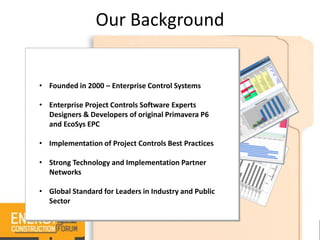 • Founded in 2000 – Enterprise Control Systems
• Enterprise Project Controls Software Experts
Designers & Developers of original Primavera P6
and EcoSys EPC
• Implementation of Project Controls Best Practices
• Strong Technology and Implementation Partner
Networks
• Global Standard for Leaders in Industry and Public
Sector
Our Background
 