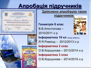 Апробація підручників
Здійснено апробацію таких
підручників:
Геометрія 8 клас
В.В.Апостолова –
2010/2011 н р
Інформатика 10 кл (акад рівень)
Й.Я.Ривкінд – 2012/2013 н р
Інформатика 2 клас
О.В.Коршунова – 2013/2014 н р
Інформатика 3 клас
О.В.Коршунова – 2014/2015 н р
 