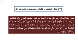 (3)‫فائدة‬‫الفحص‬‫القياس‬‫المؤشرات‬ ‫باستخدام‬
‫ا؟‬
‫القياس‬ ‫فائدة‬ ‫تكم‬.‫يأتي‬ ‫بما‬‫يكشيف‬ ‫اليذ‬ ‫االسيلوب‬ ‫كونه‬‫أداء‬ ‫نجياح‬‫المنظميا‬
‫ييواء‬‫ي‬‫س‬‫ييت‬‫ي‬‫كان‬‫ييو‬‫ي‬ ‫ييا‬‫ي‬‫خاص‬ ‫أو‬ ‫ييا‬‫ي‬‫حكومي‬‫ييا‬‫ي‬‫بمثاب‬‫ييذه‬‫ي‬ ‫ييحا‬‫ي‬‫لص‬ ‫ييي‬‫ي‬‫الطب‬ ‫ييص‬‫ي‬‫الفح‬
‫المنظم‬‫ا‬‫يتم‬ ‫والتشخيص‬ ‫الفحص‬ ‫خالل‬ ‫وم‬ ،‫ويوصيف‬ ‫العليل‬ ‫تحدييد‬‫عيالج‬
‫لها‬ ‫تتعرض‬ ‫قد‬ ‫التي‬ ‫واألمراض‬ ‫ت‬ ‫المشكال‬‫مختلف‬ ‫على‬ ‫المنظمات‬‫أحجامها‬
‫وأنواعها‬ ‫وأشكالها‬.
 