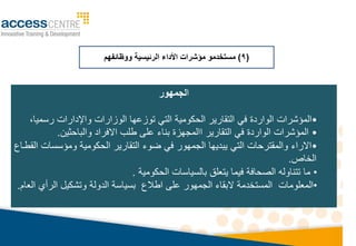 ‫ا‬‫لجمهور‬
•‫في‬ ‫الواردة‬ ‫الميشرات‬‫الوزارات‬ ‫توزعها‬ ‫التي‬ ‫الحكوميا‬ ‫التقارير‬‫واإلدارات‬‫رسميا‬،
•‫في‬ ‫الواردة‬ ‫الميشرات‬‫ا‬ ‫التقارير‬‫والباحثي‬ ‫االفراد‬ ‫طلب‬ ‫على‬ ‫بناء‬ ‫المجهزة‬.
•‫الحكوميا‬ ‫التقارير‬ ‫ووء‬ ‫في‬ ‫الجمهور‬ ‫يبديها‬ ‫التي‬ ‫والمقترحات‬ ‫االراء‬‫القطياع‬ ‫وميسسات‬
‫الخاص‬.
•‫بالسياسات‬ ‫يتعلق‬ ‫فيما‬ ‫الصحافا‬ ‫تتناوله‬ ‫ما‬‫الحكوميا‬.
•‫المعلومات‬‫المستخدما‬‫البقاء‬‫اطالع‬ ‫على‬ ‫الجمهور‬‫الدولا‬ ‫بسياسا‬‫العام‬ ‫الرأ‬ ‫وتشكيل‬.
(9)‫ووظائفهم‬ ‫الرئيسية‬ ‫األداء‬ ‫مؤشرات‬ ‫مستخدمو‬
 