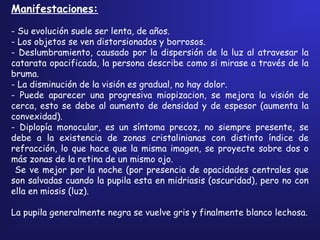 Manifestaciones:
- Su evolución suele ser lenta, de años.
- Los objetos se ven distorsionados y borrosos.
- Deslumbramiento, causado por la dispersión de la luz al atravesar la
catarata opacificada, la persona describe como si mirase a través de la
bruma.
- La disminución de la visión es gradual, no hay dolor.
- Puede aparecer una progresiva miopizacion, se mejora la visión de
cerca, esto se debe al aumento de densidad y de espesor (aumenta la
convexidad).
- Diplopía monocular, es un síntoma precoz, no siempre presente, se
debe a la existencia de zonas cristalinianas con distinto índice de
refracción, lo que hace que la misma imagen, se proyecte sobre dos o
más zonas de la retina de un mismo ojo.
Se ve mejor por la noche (por presencia de opacidades centrales que
son salvadas cuando la pupila esta en midriasis (oscuridad), pero no con
ella en miosis (luz).
 
La pupila generalmente negra se vuelve gris y finalmente blanco lechosa.
 