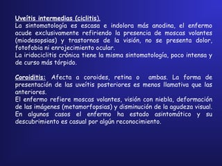 Uveítis intermedias (ciclitis).
La sintomatología es escasa e indolora más anodina, el enfermo
acude exclusivamente refiriendo la presencia de moscas volantes
(miodesopsias) y trastornos de la visión, no se presenta dolor,
fotofobia ni enrojecimiento ocular.
La iridociclitis crónica tiene la misma sintomatología, poco intensa y
de curso más tórpido.
 
Coroiditis: Afecta a coroides, retina o ambas. La forma de
presentación de las uveítis posteriores es menos llamativa que las
anteriores.
El enfermo refiere moscas volantes, visión con niebla, deformación
de las imágenes (metamorfopsias) y disminución de la agudeza visual.
En algunos casos el enfermo ha estado asintomático y su
descubrimiento es casual por algún reconocimiento.
 