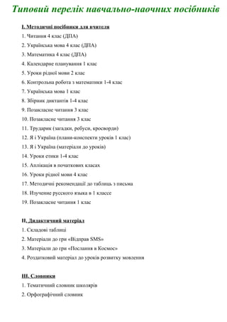 Типовий перелік навчально-наочних посібників
I. Методичні посібники для вчителя
1. Читання 4 клас (ДПА)
2. Українська мова 4 клас (ДПА)
3. Математика 4 клас (ДПА)
4. Календарне планування 1 клас
5. Уроки рідної мови 2 клас
6. Контрольна робота з математики 1-4 клас
7. Українська мова 1 клас
8. Збірник диктантів 1-4 клас
9. Позакласне читання 3 клас
10. Позакласне читання 3 клас
11. Трударик (загадки, ребуси, кросворди)
12. Я і Україна (плани-конспекти уроків 1 клас)
13. Я і Україна (матеріали до уроків)
14. Уроки етики 1-4 клас
15. Аплікація в початкових класах
16. Уроки рідної мови 4 клас
17. Методичні рекомендації до таблиць з письма
18. Изучение русского языка в 1 классе
19. Позакласне читання 1 клас
II. Дидактичний матеріал
1. Складові таблиці
2. Матеріали до гри «Відправ SMS»
3. Матеріали до гри «Послання в Космос»
4. Роздатковий матеріал до уроків розвитку мовлення
III. Словники
1. Тематичний словник школярів
2. Орфографічний словник
 