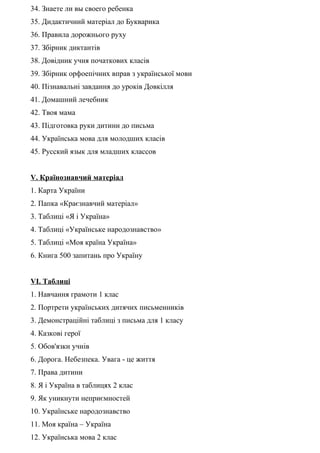 34. Знаете ли вы своего ребенка
35. Дидактичний матеріал до Букварика
36. Правила дорожнього руху
37. Збірник диктантів
38. Довідник учня початкових класів
39. Збірник орфоепічних вправ з української мови
40. Пізнавальні завдання до уроків Довкілля
41. Домашний лечебник
42. Твоя мама
43. Підготовка руки дитини до письма
44. Українська мова для молодших класів
45. Русский язык для младших классов
V. Країнознавчий матеріал
1. Карта України
2. Папка «Краєзнавчий матеріал»
3. Таблиці «Я і Україна»
4. Таблиці «Українське народознавство»
5. Таблиці «Моя країна Україна»
6. Книга 500 запитань про Україну
VI. Таблиці
1. Навчання грамоти 1 клас
2. Портрети українських дитячих письменників
3. Демонстраційні таблиці з письма для 1 класу
4. Казкові герої
5. Обов'язки учнів
6. Дорога. Небезпека. Увага - це життя
7. Права дитини
8. Я і Україна в таблицях 2 клас
9. Як уникнути неприємностей
10. Українське народознавство
11. Моя країна – Україна
12. Українська мова 2 клас
 