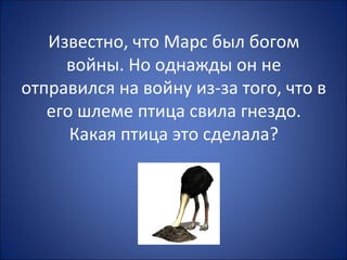 Известно, что Марс был богом
войны. Но однажды он не
отправился на войну из-за того, что в
его шлеме птица свила гнездо.
Какая птица это сделала?
 