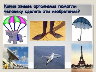 Какие живые организмы помоглиКакие живые организмы помогли
человеку сделать эти изобретения?человеку сделать эти изобретения?
 