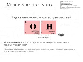 Где узнать молярную массу вещества?
Молярная масса — масса одного моля вещества —указана в
таблице Менделеева*
*В таблице Менделеева указана молярная масса в граммах на моль; для расчетов
необходимо переводить в кг/моль.
грамм/моль
Моль и молярная масса
МКТ: в чём соль?
Идеальный газ
Моль и кельвин
Основное уравнение МКТ
Уравн. Менделеева-Клайперона
Изопроцессы
 