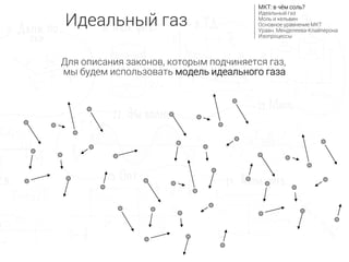 Идеальный газ
МКТ: в чём соль?
Идеальный газ
Моль и кельвин
Основное уравнение МКТ
Уравн. Менделеева-Клайперона
Изопроцессы
Для описания законов, которым подчиняется газ,
мы будем использовать модель идеального газа
 