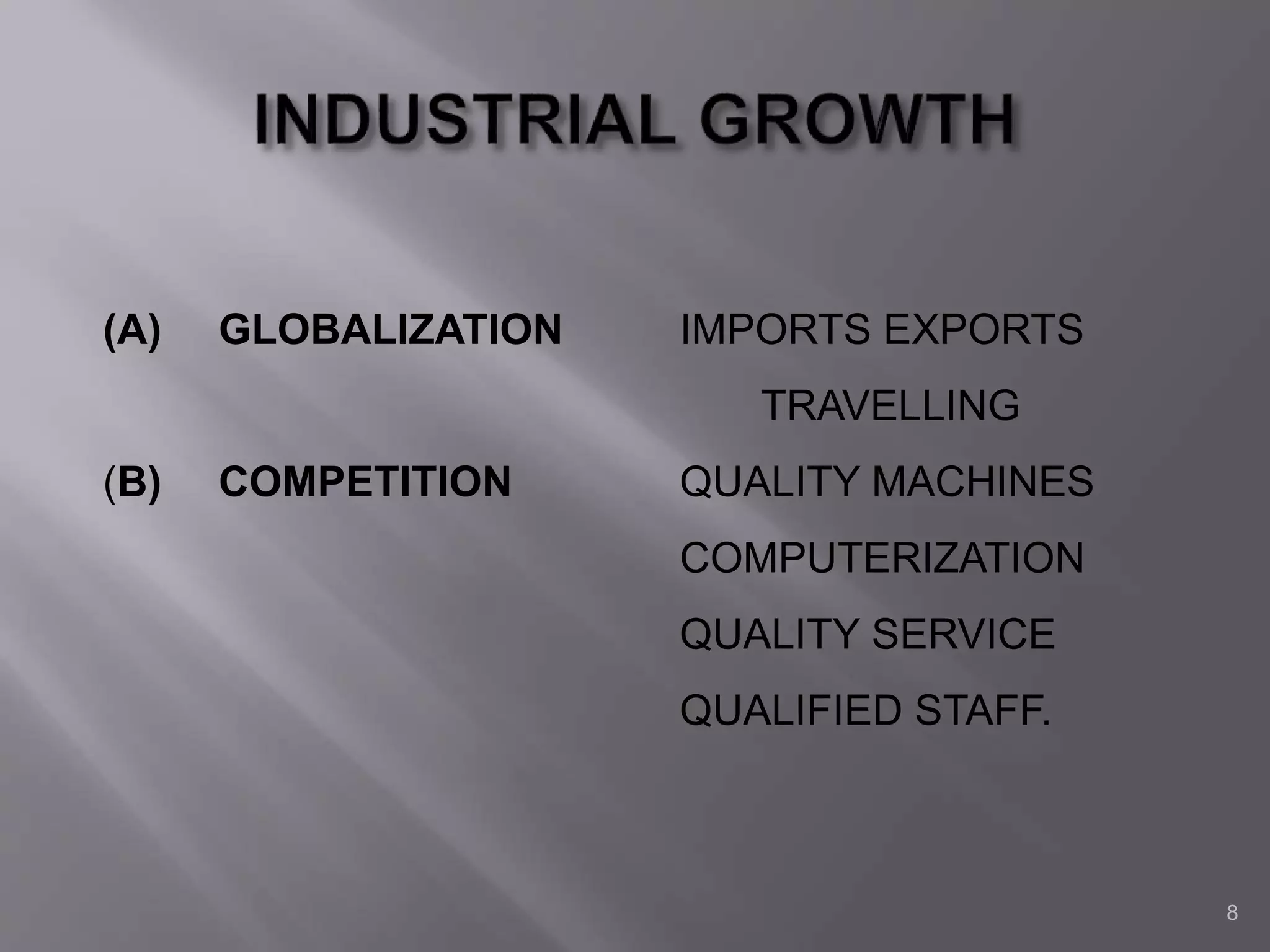 8
(A) GLOBALIZATION IMPORTS EXPORTS
TRAVELLING
(B) COMPETITION QUALITY MACHINES
COMPUTERIZATION
QUALITY SERVICE
QUALIFIED STAFF.
 