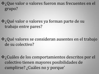 ¿Que valor o valores fueron mas frecuentes en el
grupo?
¿Qué valor o valores ya forman parte de su
trabajo entre pares?
¿Qué valores se consideran ausentes en el trabajo
de su colectivo?
¿Cuáles de los comportamientos descritos por el
colectivo tienen mayores posibilidades de
cumplirse? ¿Cuáles no y porque’
 