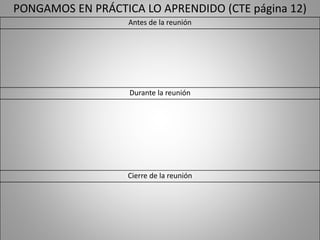 Antes de la reunión
Durante la reunión
Cierre de la reunión
PONGAMOS EN PRÁCTICA LO APRENDIDO (CTE página 12)
 