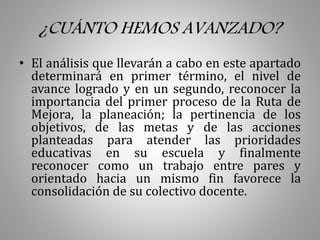 ¿CUÁNTO HEMOS AVANZADO?
• El análisis que llevarán a cabo en este apartado
determinará en primer término, el nivel de
avance logrado y en un segundo, reconocer la
importancia del primer proceso de la Ruta de
Mejora, la planeación; la pertinencia de los
objetivos, de las metas y de las acciones
planteadas para atender las prioridades
educativas en su escuela y finalmente
reconocer como un trabajo entre pares y
orientado hacia un mismo fin favorece la
consolidación de su colectivo docente.
 