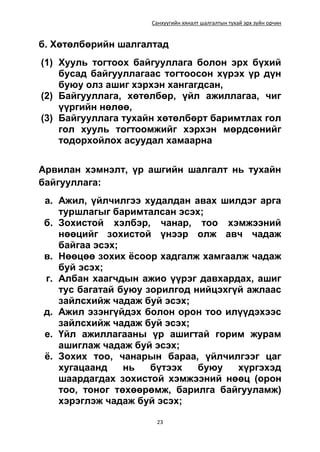 Санхүүгийн хяналт шалгалтын тухай эрх зүйн орчин
23
б. Хөтөлбөрийн шалгалтад
(1) Хууль тогтоох байгууллага болон эрх бүхий
бусад байгууллагаас тогтоосон хүрэх үр дүн
буюу олз ашиг хэрхэн хангагдсан,
(2) Байгууллага, хөтөлбөр, үйл ажиллагаа, чиг
үүргийн нөлөө,
(3) Байгууллага тухайн хөтөлбөрт баримтлах гол
гол хууль тогтоомжийг хэрхэн мөрдсөнийг
тодорхойлох асуудал хамаарна
Арвилан хэмнэлт, үр ашгийн шалгалт нь тухайн
байгууллага:
а. Ажил, үйлчилгээ худалдан авах шилдэг арга
туршлагыг баримталсан эсэх;
б. Зохистой хэлбэр, чанар, тоо хэмжээний
нөөцийг зохистой үнээр олж авч чадаж
байгаа эсэх;
в. Нөөцөө зохих ёсоор хадгалж хамгаалж чадаж
буй эсэх;
г. Албан хаагчдын ажио үүрэг давхардах, ашиг
тус багатай буюу зорилгод нийцэхгүй ажлаас
зайлсхийж чадаж буй эсэх;
д. Ажил эзэнгүйдэх болон орон тоо илүүдэхээс
зайлсхийж чадаж буй эсэх;
е. Үйл ажиллагааны үр ашигтай горим журам
ашиглаж чадаж буй эсэх;
ё. Зохих тоо, чанарын бараа, үйлчилгээг цаг
хугацаанд нь бүтээх буюу хүргэхэд
шаардагдах зохистой хэмжээний нөөц (орон
тоо, тоног төхөөрөмж, барилга байгууламж)
хэрэглэж чадаж буй эсэх;
 