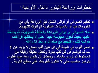 ‫األوعية‬ ‫داخل‬ ‫البذور‬ ‫زراعة‬ ‫خطوات‬:
‫من‬ ‫بأي‬ ‫الزراعة‬ ‫قبل‬ ‫الشتل‬ ‫أوانى‬ ‫أو‬ ‫الصوانى‬ ‫تعقيم‬
‫للتهوية‬ ‫تترك‬ ‫ثم‬ ‫الفطرية‬ ‫بالمبيدات‬ ‫أو‬ ‫الفورمالدهيد‬.
‫يضغ‬ ‫ثم‬ ،‫المجهزة‬ ‫بالخلطة‬ ‫الزراعة‬ ‫أوانى‬ ‫أو‬ ‫الصوانى‬ ‫تمأل‬‫ط‬
‫فرا‬ ‫يتخللها‬ ‫ال‬ ‫حتى‬ ً‫ا‬‫جيد‬ ‫مكبوسة‬ ‫تكون‬ ‫بحيث‬ ‫عليها‬‫غات‬
‫الزراعة‬ ‫بعد‬ ‫الرى‬ ‫مياه‬ ‫مع‬ ‫فتهبط‬ ‫كثيرة‬ ‫هوائية‬.
‫يزيد‬ ‫ال‬ ‫بعمق‬ ‫ثقب‬ ‫عين‬ ‫كل‬ ‫في‬ ‫البيئة‬ ‫في‬ ‫ثقوب‬ ‫تعمل‬‫عن‬1
‫م‬ ‫رقيقة‬ ‫بطبقة‬ ‫وتغطى‬ ‫بذرة‬ ‫ثقب‬ ‫كل‬ ‫في‬ ‫توضع‬ ‫ثم‬ ‫سم‬‫ن‬
‫فط‬ ‫مبيد‬ ‫معه‬ ‫يكون‬ ‫أن‬ ‫ويفضل‬ ، ‫بالماء‬ ‫تروى‬ ‫ثم‬ ‫المخلوط‬‫رى‬
‫الترب‬ ‫سطح‬ ‫على‬ ‫فطريات‬ ‫تتكون‬ ‫ال‬ ‫حتى‬ ‫مناسب‬ ‫بتركيز‬‫ة‬.
 