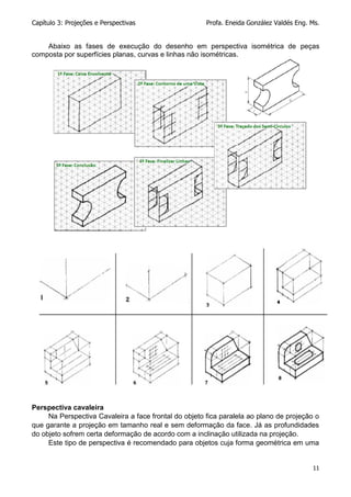 Capítulo 3: Projeções e Perspectivas Profa. Eneida González Valdés Eng. Ms.
11
Abaixo as fases de execução do desenho em perspectiva isométrica de peças
composta por superfícies planas, curvas e linhas não isométricas.
Perspectiva cavaleira
Na Perspectiva Cavaleira a face frontal do objeto fica paralela ao plano de projeção o
que garante a projeção em tamanho real e sem deformação da face. Já as profundidades
do objeto sofrem certa deformação de acordo com a inclinação utilizada na projeção.
Este tipo de perspectiva é recomendado para objetos cuja forma geométrica em uma
 