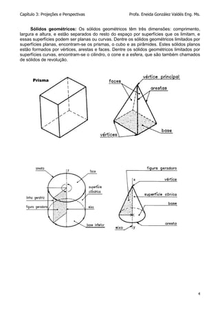 Capítulo 3: Projeções e Perspectivas Profa. Eneida González Valdés Eng. Ms.
4
Sólidos geométricos: Os sólidos geométricos têm três dimensões: comprimento,
largura e altura, e estão separados do resto do espaço por superfícies que os limitam, e
essas superfícies podem ser planas ou curvas. Dentre os sólidos geométricos limitados por
superfícies planas, encontram-se os prismas, o cubo e as pirâmides. Estes sólidos planos
estão formados por vértices, arestas e faces. Dentre os sólidos geométricos limitados por
superfícies curvas, encontram-se o cilindro, o cone e a esfera, que são também chamados
de sólidos de revolução.
Prisma
 