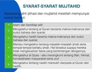 Seseorang ahli ijtihad dan mujtahid mestilah mempunyai
syarat berikut;
1 Islam dan bersikap adil
2
Mengetahui tentang al Quran berserta makna-maknanya dari
sudut bahasa dan syariat.
3
Mengetahui hadith beserta makna-maknanya dari sudut
bahasa dan syariat.
4
Mampu mengetahui tentang masalah-masalah ijmak serta
tempat-tempat berlaku ijmak. Hal tersebut supaya mereka
tidak mengeluarkan fatwa yang bertentangan dengannya.
5
Mengetahui al Qiyas - iaitu merangkumi tentang Illah, hikmat,
kemaslahatan masyarakat serta uruf.
6
Mengetahui tentang nasikh mansukh daripada al Quran dan
hadith.
SYARAT-SYARAT MUJTAHID
 