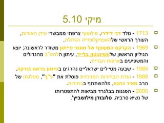 ‫מיקי‬5.10
1713‫נולד‬ -‫דידרו‬ ‫דני‬,‫פילוסוף‬‫ממבשרי‬ ‫צרפתי‬‫האורות‬ ‫עידן‬,
‫של‬ ‫הראשי‬ ‫העורך‬‫הגדולה‬ ‫האנציקלופדיה‬.
1969-‫פייתון‬ ‫מונטי‬ ‫של‬ ‫המעופף‬ ‫הקרקס‬‫יוצא‬ ;‫לראשונה‬ ‫משודר‬
‫של‬ ‫הראשון‬ ‫הגיליון‬‫בלייד‬ ‫וושינגטון‬‫ה‬ ‫עיתון‬ ,‫להט"ב‬‫מהגדולים‬
‫ב‬ ‫והמשפיעים‬‫הברית‬ ‫ארצות‬.
1985‫ב‬ ‫נהרגים‬ ‫ישראליים‬ ‫מטיילים‬ ‫שבעה‬ -‫בורקה‬ ‫בראס‬ ‫פיגוע‬.
1988-‫המרכזית‬ ‫הבחירות‬ ‫ועדת‬‫את‬ ‫פוסלת‬"‫כ"ך‬",‫מפלגתו‬‫של‬
‫הרב‬‫כהנא‬ ‫מאיר‬‫ב‬ ‫מלהשתתף‬ ,‫בחירות‬.
2000‫ב‬ ‫הפגנות‬ -‫בלגרד‬‫להתפטרותו‬ ‫מביאות‬
‫של‬‫נשיא‬,‫סרביה‬'‫מילושביץ‬ ‫סלובודן‬.
 