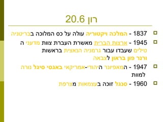‫רון‬20.6
1837-‫המלכה ויקטוריה‬‫ב‬ ‫המלוכה‬ ‫כס‬ ‫על‬ ‫עולה‬‫בריטניה‬
1945-‫הברית‬ ‫ארצות‬‫צוות‬ ‫העברת‬ ‫מאשרת‬‫מדעני‬‫ה‬
‫טילים‬‫עבור‬ ‫שעבדו‬‫הנאצית‬ ‫גרמניה‬‫בראשות‬
‫ורנר פון בראון‬‫ל‬‫צבאה‬
1947‫ה‬ -‫מאפיונר‬‫ה‬‫יהודי‬-‫אמריקאי‬‫באגסי סיגל‬‫נורה‬
‫למוות‬
1960-‫סנגל‬‫ב‬ ‫זוכה‬‫עצמאות‬‫מ‬‫צרפת‬
 