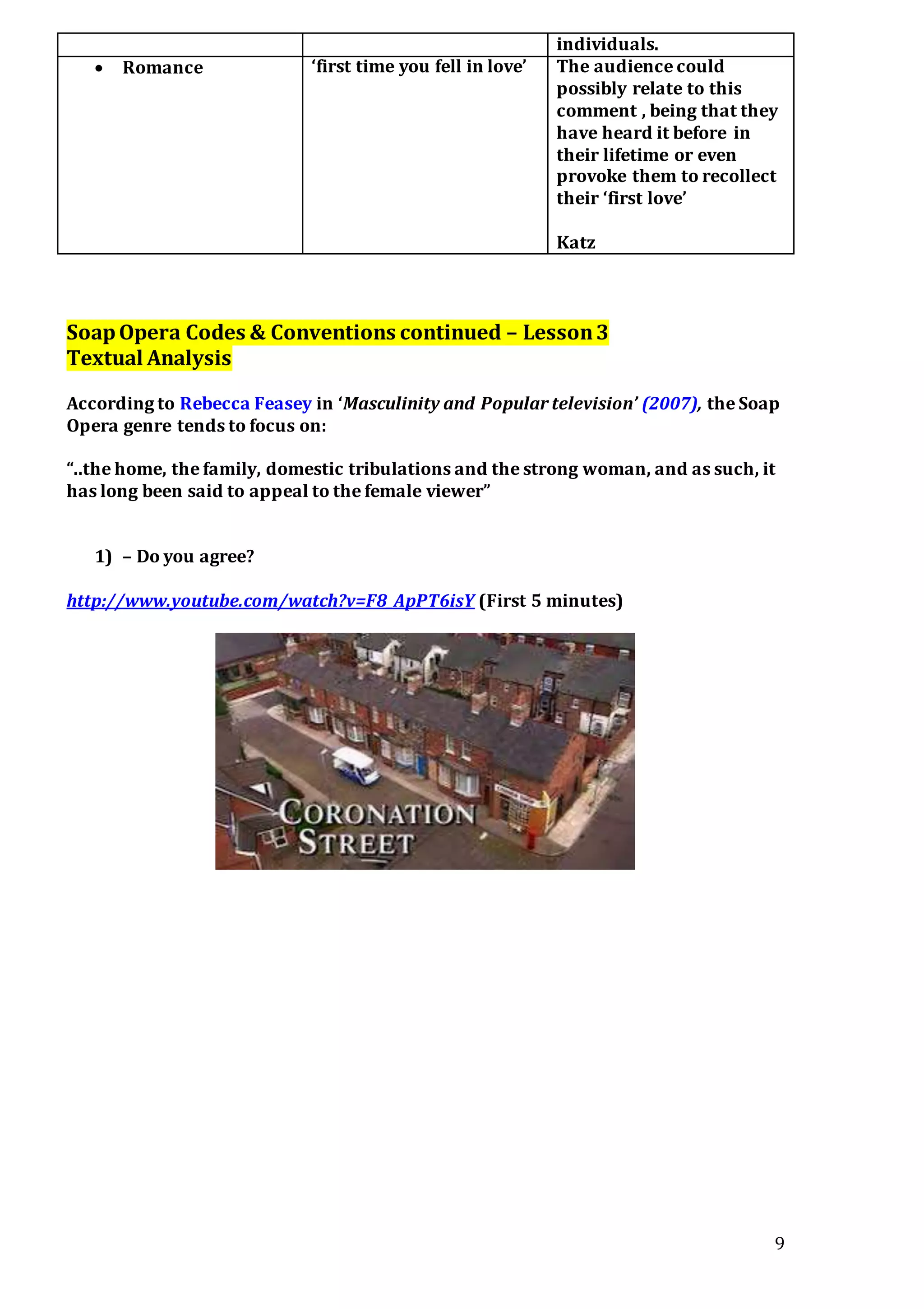 9
individuals.
 Romance ‘first time you fell in love’ The audience could
possibly relate to this
comment , being that they
have heard it before in
their lifetime or even
provoke them to recollect
their ‘first love’
Katz
SoapOpera Codes & Conventions continued – Lesson3
Textual Analysis
According to Rebecca Feasey in ‘Masculinity and Popular television’ (2007), the Soap
Opera genre tends to focus on:
“..the home, the family, domestic tribulations and the strong woman, and as such, it
has long been said to appeal to the female viewer”
1) – Do you agree?
http://www.youtube.com/watch?v=F8_ApPT6isY (First 5 minutes)
 