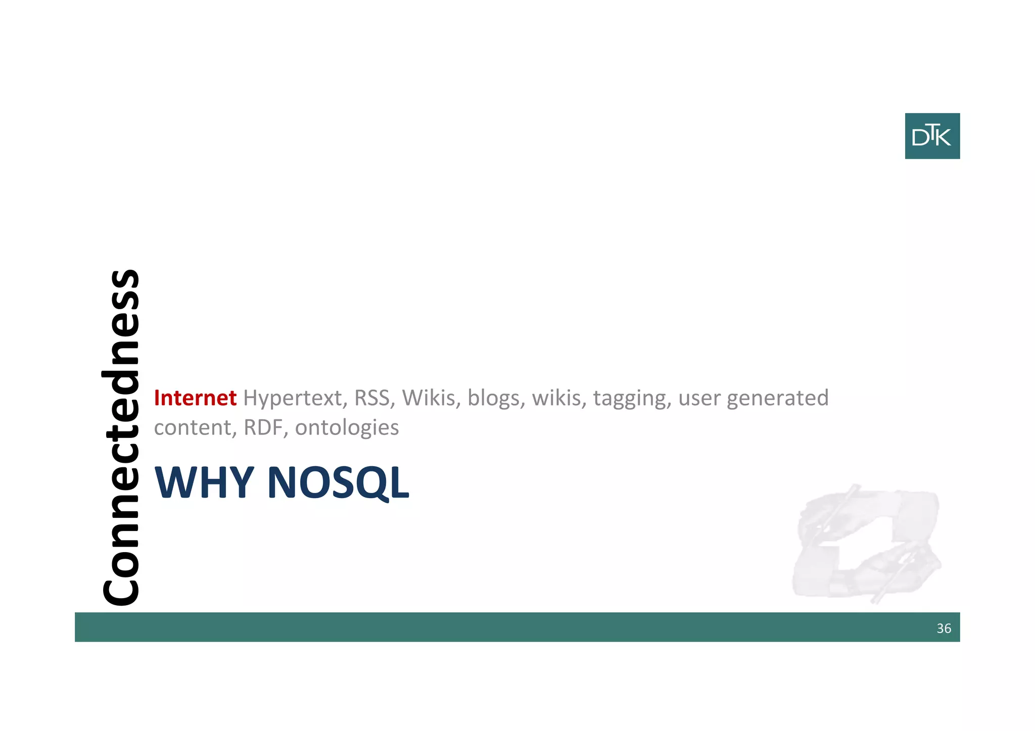 WHY	
  NOSQL	
  
Internet	
  Hypertext,	
  RSS,	
  Wikis,	
  blogs,	
  wikis,	
  tagging,	
  user	
  generated	
  
content,	
  RDF,	
  ontologies	
  
36	
  
Connectedness	
  
 