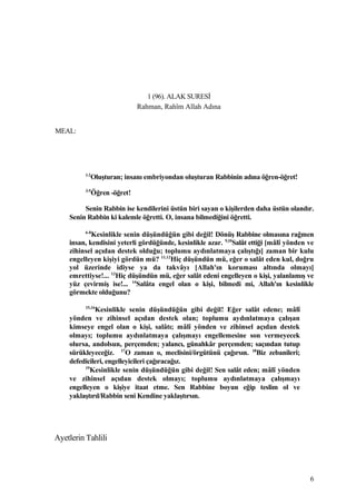1 (96). ALAK SURESİ
Rahman, Rahîm Allah Adına
MEAL:
1-2
Oluşturan; insanı embriyondan oluşturan Rabbinin adına öğren-öğret!
3-5
Öğren -öğret!
Senin Rabbin ise kendilerini üstün biri sayan o kişilerden daha üstün olandır.
Senin Rabbin ki kalemle öğretti. O, insana bilmediğini öğretti.
6-8
Kesinlikle senin düşündüğün gibi değil! Dönüş Rabbine olmasına rağmen
insan, kendisini yeterli gördüğünde, kesinlikle azar. 9,10
Salât ettiği [mâlî yönden ve
zihinsel açıdan destek olduğu; toplumu aydınlatmaya çalıştığı] zaman bir kulu
engelleyen kişiyi gördün mü? 11,12
Hiç düşündün mü, eğer o salât eden kul, doğru
yol üzerinde idiyse ya da takvâyı [Allah'ın koruması altında olmayı]
emrettiyse!... 13
Hiç düşündün mü, eğer salât edeni engelleyen o kişi, yalanlamış ve
yüz çevirmiş ise!... 14
Salâta engel olan o kişi, bilmedi mi, Allah'ın kesinlikle
görmekte olduğunu?
15,16
Kesinlikle senin düşündüğün gibi değil! Eğer salât edene; mâlî
yönden ve zihinsel açıdan destek olan; toplumu aydınlatmaya çalışan
kimseye engel olan o kişi, salâtı; mâlî yönden ve zihinsel açıdan destek
olmayı; toplumu aydınlatmaya çalışmayı engellemesine son vermeyecek
olursa, andolsun, perçemden; yalancı, günahkâr perçemden; saçından tutup
sürükleyeceğiz. 17
O zaman o, meclisini/örgütünü çağırsın. 18
Biz zebanileri;
defedicileri, engelleyicileri çağıracağız.
19
Kesinlikle senin düşündüğün gibi değil! Sen salât eden; mâlî yönden
ve zihinsel açıdan destek olmayı; toplumu aydınlatmaya çalışmayı
engelleyen o kişiye itaat etme. Sen Rabbine boyun eğip teslim ol ve
yaklaştırıl/Rabbin seni Kendine yaklaştırsın.
Ayetlerin Tahlili
6
 