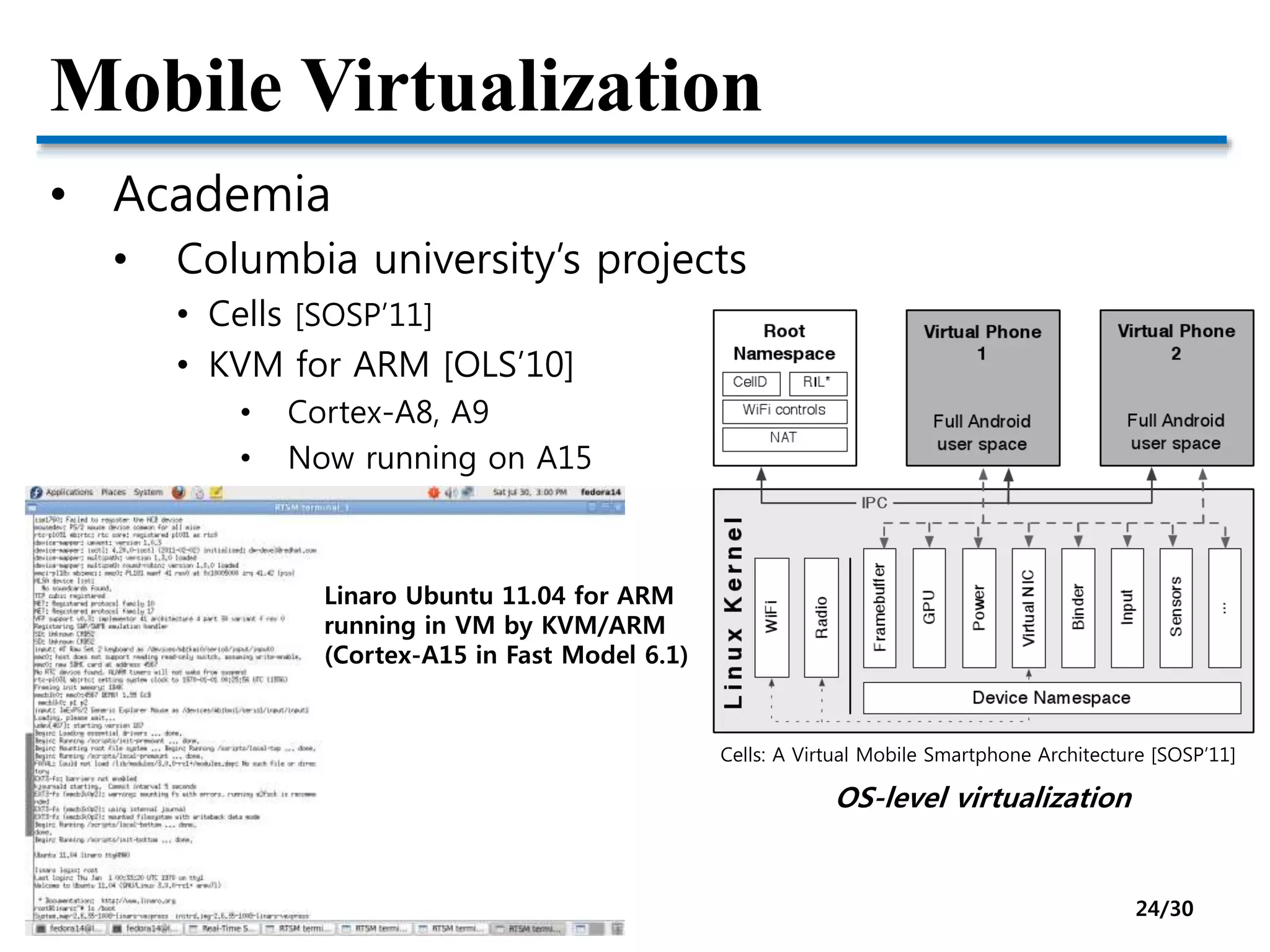 Mobile Virtualization
• Academia
• Columbia university’s projects
• Cells [SOSP’11]
• KVM for ARM [OLS’10]
• Cortex-A8, A9
• Now running on A15
Cells: A Virtual Mobile Smartphone Architecture [SOSP’11]
Linaro Ubuntu 11.04 for ARM
running in VM by KVM/ARM
(Cortex-A15 in Fast Model 6.1)
OS-level virtualization
24/30
 