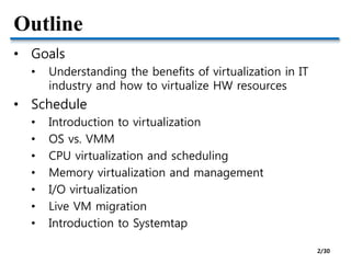 Outline
• Goals
• Understanding the benefits of virtualization in IT
industry and how to virtualize HW resources
• Schedule
• Introduction to virtualization
• OS vs. VMM
• CPU virtualization and scheduling
• Memory virtualization and management
• I/O virtualization
• Live VM migration
• Introduction to Systemtap
2/30
 