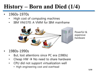History – Born and Died (1/4)
• 1960s-1970s
• High cost of computing machines
• IBM VM/370: A VMM for IBM mainframe
• 1980s-1990s
• But, lost attentions since PC era (1980s)
• Cheap HW  No need to share hardware
• CPU did not support virtualization well
• High engineering cost and overhead
Powerful &
expensive
hardware
5/30
 